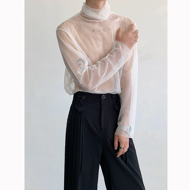 Vyrų tinklinio tipo marškinėliai su aukštu kaklu, ilgomis rankovėmis, lengvas vasaros topas