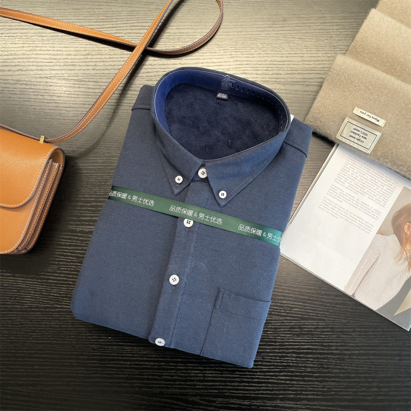 Muška prugasta Oxford košulja s fleece podstavom, debela tkanina, 60% pamuk 40% poliester, rever ovratnik, dugi rukavi