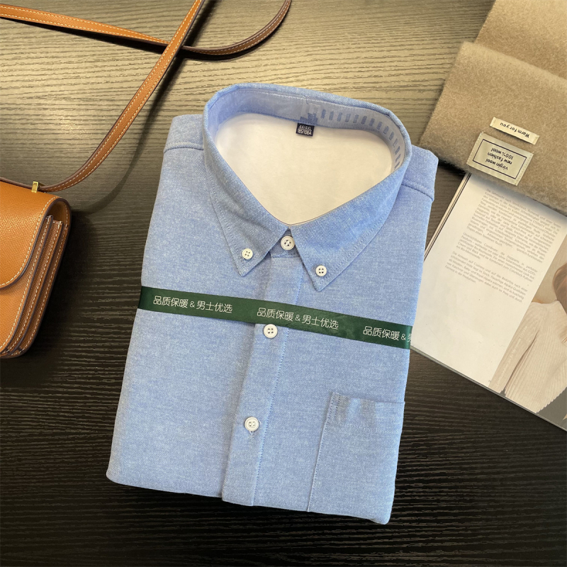 Muška prugasta Oxford košulja s fleece podstavom, debela tkanina, 60% pamuk 40% poliester, rever ovratnik, dugi rukavi