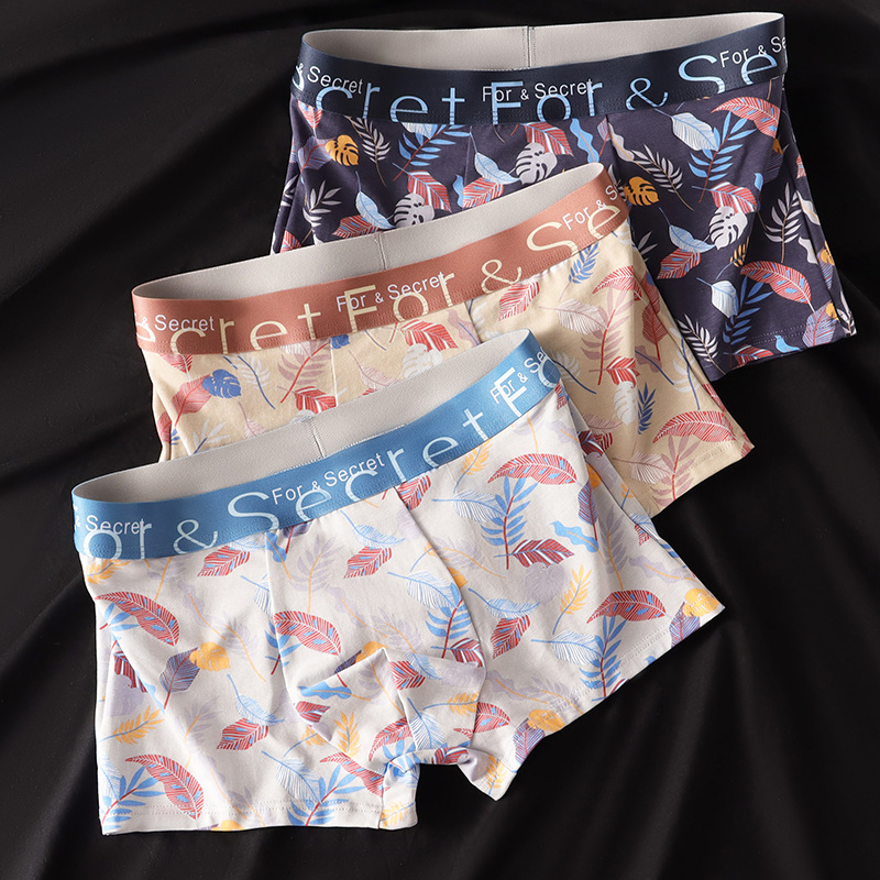 Boxeri bărbați din bumbac cu imprimeu floral, respirabili, antibacterieni, confortabili, talie medie