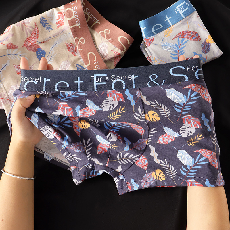 Boxeri bărbați din bumbac cu imprimeu floral, respirabili, antibacterieni, confortabili, talie medie