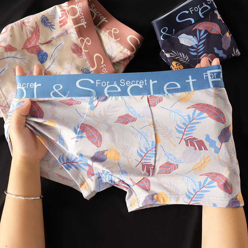 Boxeri bărbați din bumbac cu imprimeu floral, respirabili, antibacterieni, confortabili, talie medie