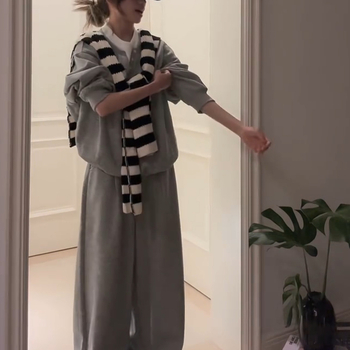 Korejski inspirirane sive pidžame s dugim rukavima za žene, jesenji casual, udobne, plus size, vrhunska kućna odjeća, trodjelni set