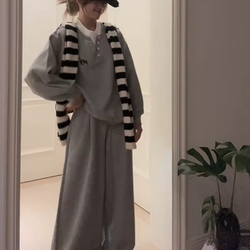 Korejski inspirirane sive pidžame s dugim rukavima za žene, jesenji casual, udobne, plus size, vrhunska kućna odjeća, trodjelni set
