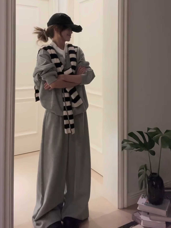 Korejski inspirirane sive pidžame s dugim rukavima za žene, jesenji casual, udobne, plus size, vrhunska kućna odjeća, trodjelni set