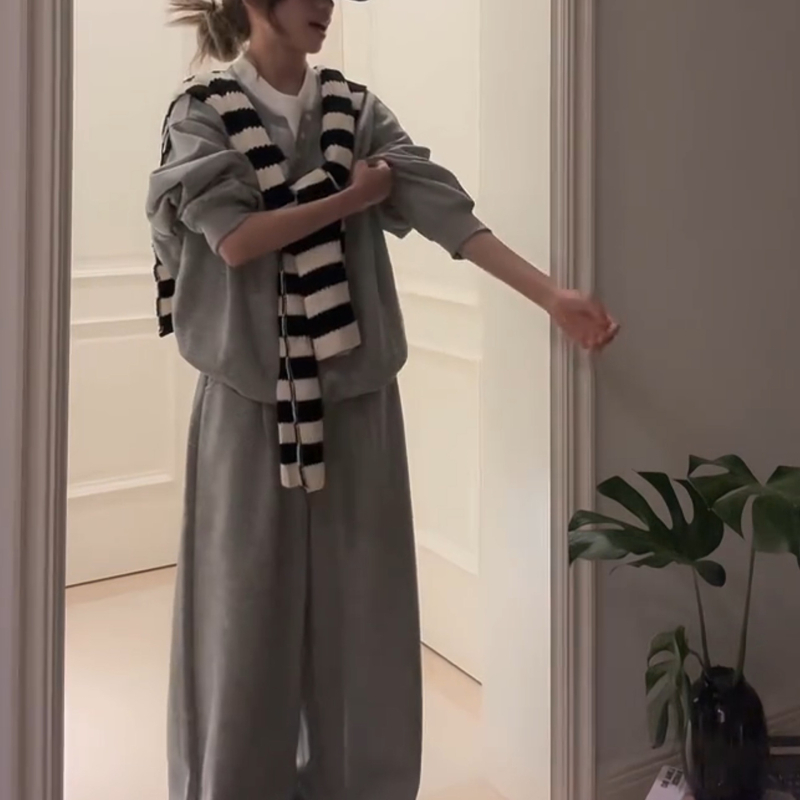 Korejski inspirirane sive pidžame s dugim rukavima za žene, jesenji casual, udobne, plus size, vrhunska kućna odjeća, trodjelni set