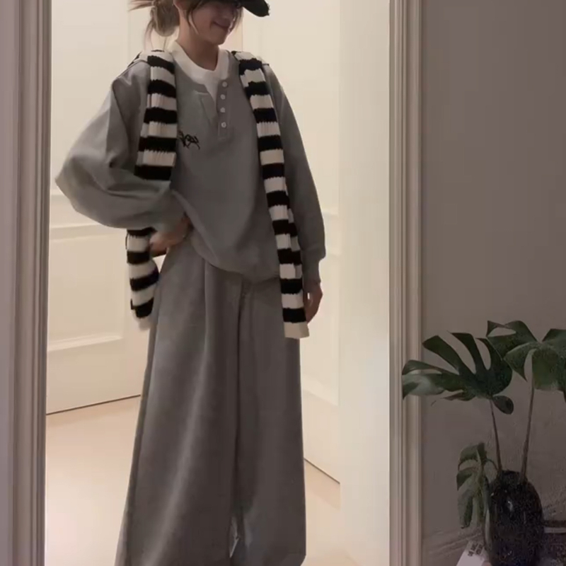 Korejski inspirirane sive pidžame s dugim rukavima za žene, jesenji casual, udobne, plus size, vrhunska kućna odjeća, trodjelni set