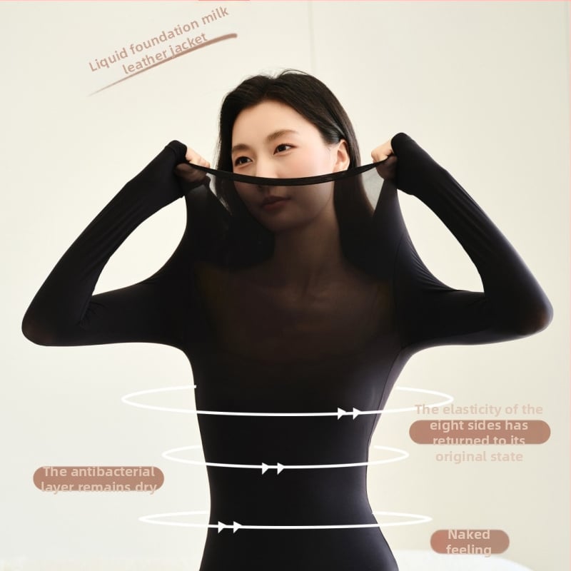 Moteriškas pagrindinis viršus su ilgomis rankovėmis, apvaliu kaklo iškirpimu, nailonas, išlaiko šilumą