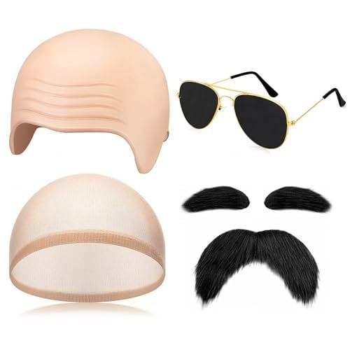 Perika za ćelavu glavu s naočalama i bradom – cosplay set za Halloween, za odrasle, unisex, s naglašenom kapom