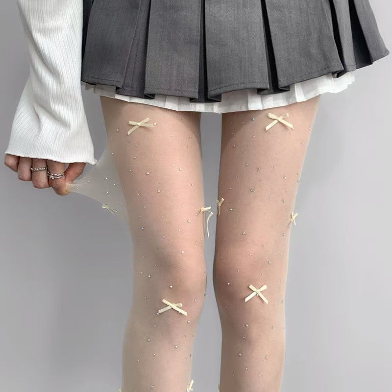 Șosete Bowknot cu rhinestones Hotfix, ultra-subțiri, 10d, nylon 90%, Eliza