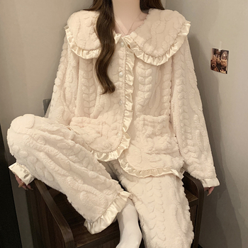 Set de pijamale din catifea coral cu căptușeală de fleece, guler tip lapel, mâneci lungi, pantaloni – stil minimalist pentru casă