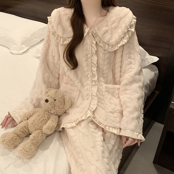 Set de pijamale din catifea coral cu căptușeală de fleece, guler tip lapel, mâneci lungi, pantaloni – stil minimalist pentru casă