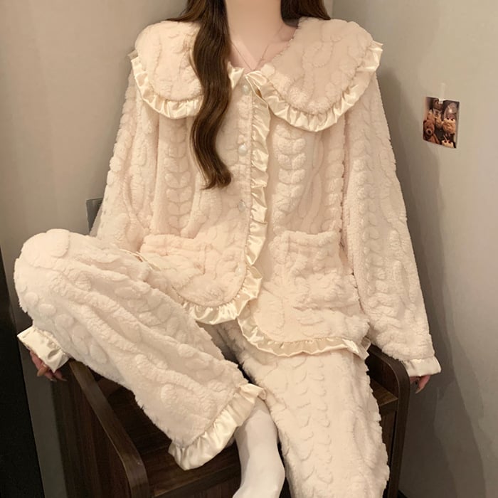 Set de pijamale din catifea coral cu căptușeală de fleece, guler tip lapel, mâneci lungi, pantaloni – stil minimalist pentru casă