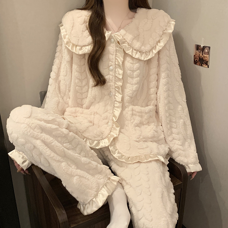 Set de pijamale din catifea coral cu căptușeală de fleece, guler tip lapel, mâneci lungi, pantaloni – stil minimalist pentru casă