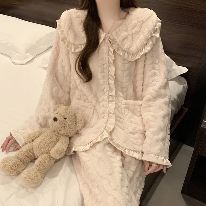 Set de pijamale din catifea coral cu căptușeală de fleece, guler tip lapel, mâneci lungi, pantaloni – stil minimalist pentru casă