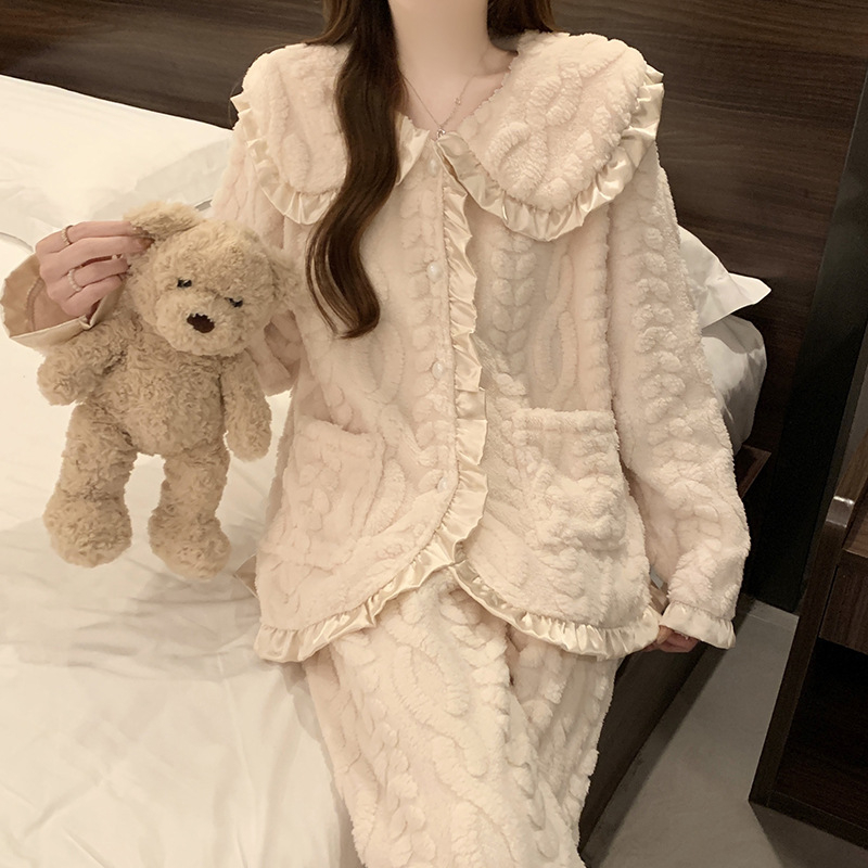 Set de pijamale din catifea coral cu căptușeală de fleece, guler tip lapel, mâneci lungi, pantaloni – stil minimalist pentru casă