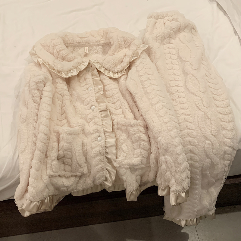 Set de pijamale din catifea coral cu căptușeală de fleece, guler tip lapel, mâneci lungi, pantaloni – stil minimalist pentru casă