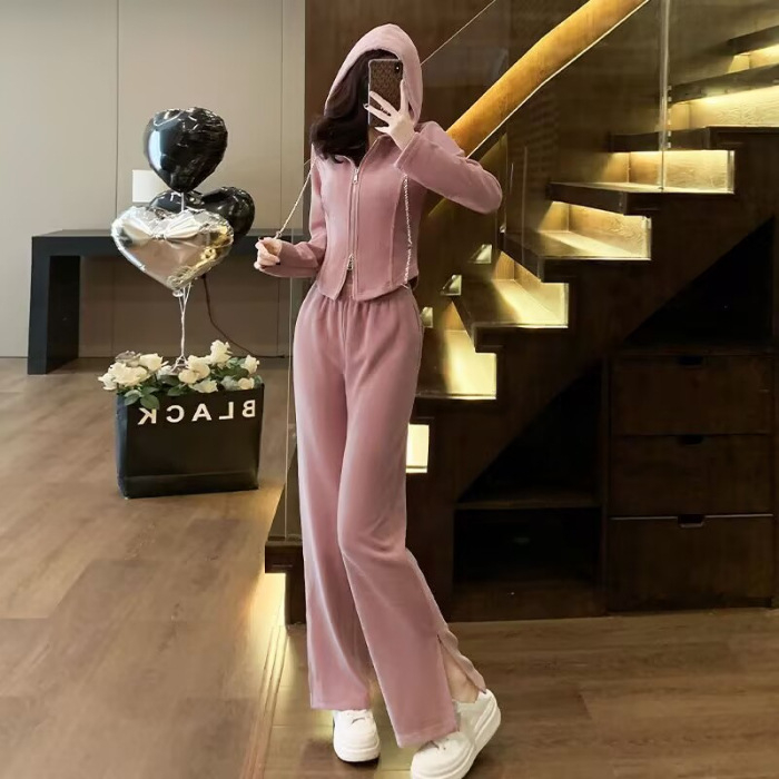 Costum casual feminin din două piese cu pantaloni, poliester, culoare uni, conținut poliester 70–80%, toamnă 2024, stil japonez-coreean de relaxare