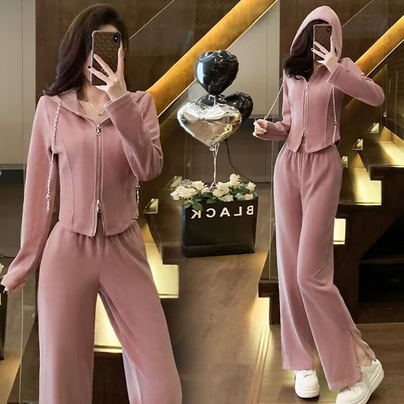 Costum casual feminin din două piese cu pantaloni, poliester, culoare uni, conținut poliester 70–80%, toamnă 2024, stil japonez-coreean de relaxare