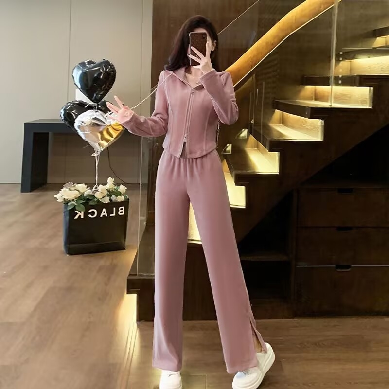 Costum casual feminin din două piese cu pantaloni, poliester, culoare uni, conținut poliester 70–80%, toamnă 2024, stil japonez-coreean de relaxare