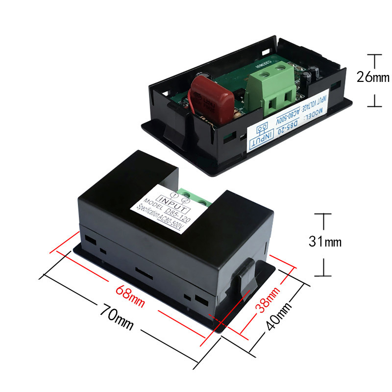 AC skaitmeninis voltmetras, modelis D85-120; matavimo diapazonas 80–500 V; įėjimo/išėjimo įtampa 80–500 V; aplinkos temperatūra 0–50 °C; matavimo tikslumas 1%