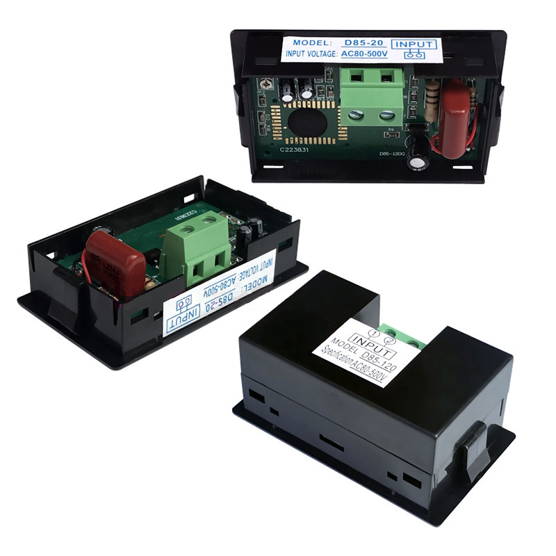 AC skaitmeninis voltmetras, modelis D85-120; matavimo diapazonas 80–500 V; įėjimo/išėjimo įtampa 80–500 V; aplinkos temperatūra 0–50 °C; matavimo tikslumas 1%