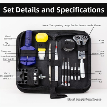 Laikrodžių remonto įrankių rinkinys apyrankių demontavimui, jungčių išėmimui, baterijų keitimui, gaubtų atidarymui ir galinio dangtelio reguliavimui (Įtampa: 24V; Elektros kampinio šlifuoklio tipas: Elektros kampinis šlifuoklis; Prekės ženklas: Other)