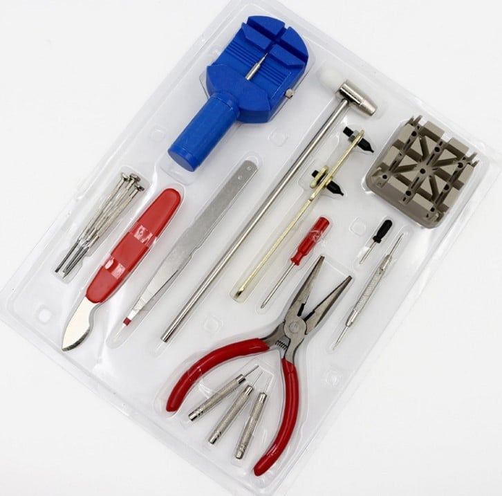 Laikrodžių remonto įrankių rinkinys, 16 vnt., apima užpakalinio dangtelio atidarymo įrankį, baterijos keitimo įrankį ir dirželio demontavimo įrankį, namų naudojimui