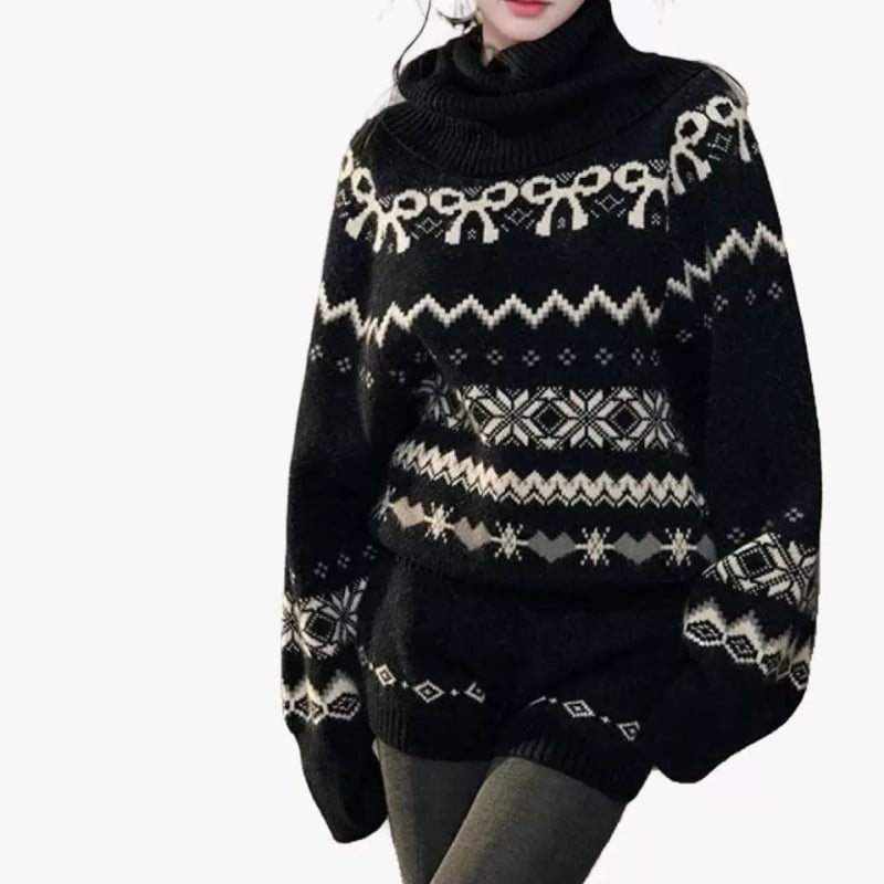 Ženski dvodijelni set u američkom retro stilu Fair Isle — crni pleteni pulover s visokim ovratnikom i kratke hlače