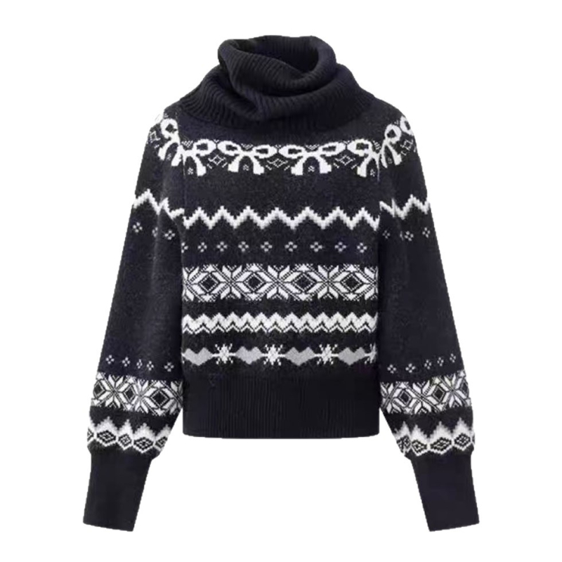 Ženski dvodijelni set u američkom retro stilu Fair Isle — crni pleteni pulover s visokim ovratnikom i kratke hlače