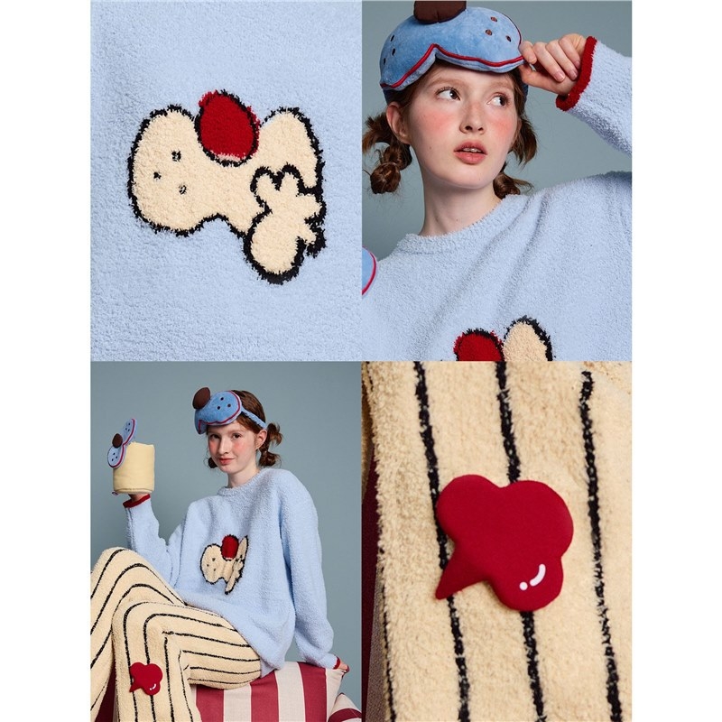 Moterų pižamų komplektas su gobtuvu, etninio dizaino su karikatūrų juostelėmis, austas medvilnė, ekstra stora, antistatinis, ilgos rankovės