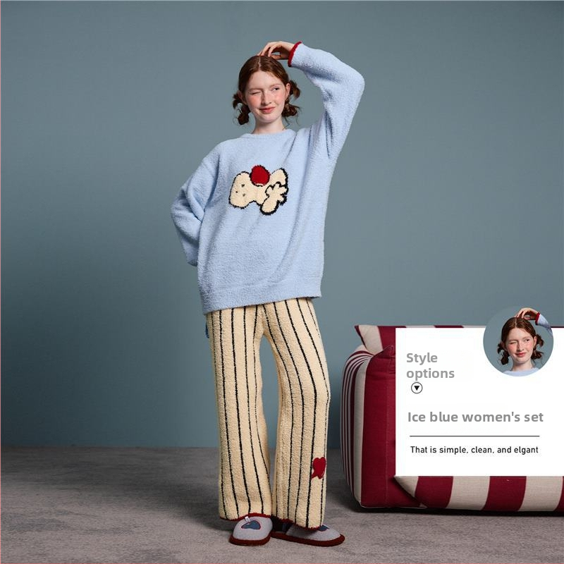 Moterų pižamų komplektas su gobtuvu, etninio dizaino su karikatūrų juostelėmis, austas medvilnė, ekstra stora, antistatinis, ilgos rankovės