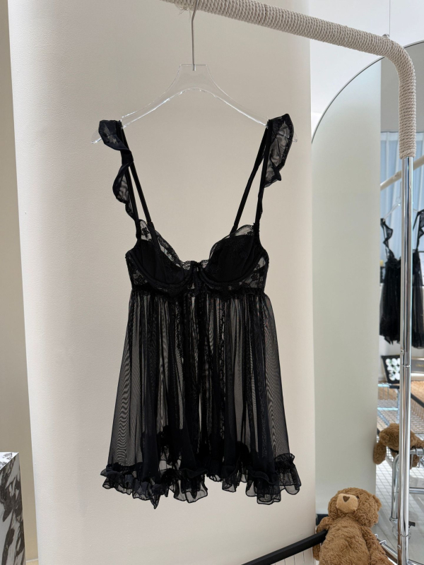 Seksi prozirna mrežasta donje rublje haljina, Ice Silk materijal, V-izrez, bez rukava, kratka duljina
