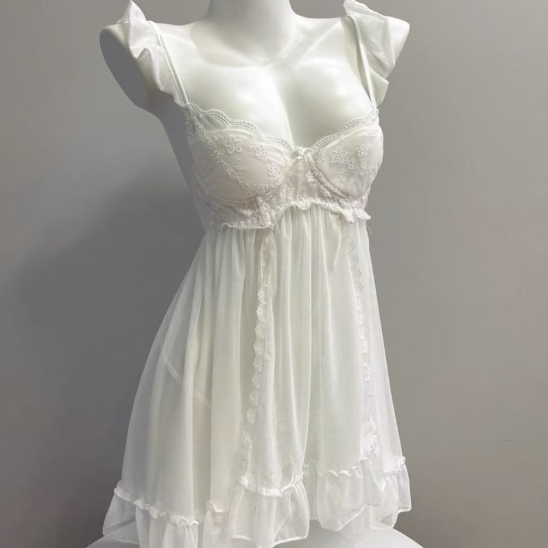 Seksi prozirna mrežasta donje rublje haljina, Ice Silk materijal, V-izrez, bez rukava, kratka duljina