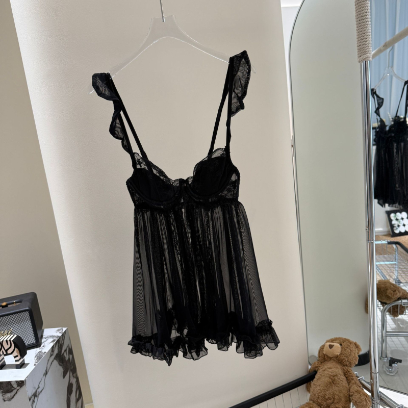 Seksi prozirna mrežasta donje rublje haljina, Ice Silk materijal, V-izrez, bez rukava, kratka duljina
