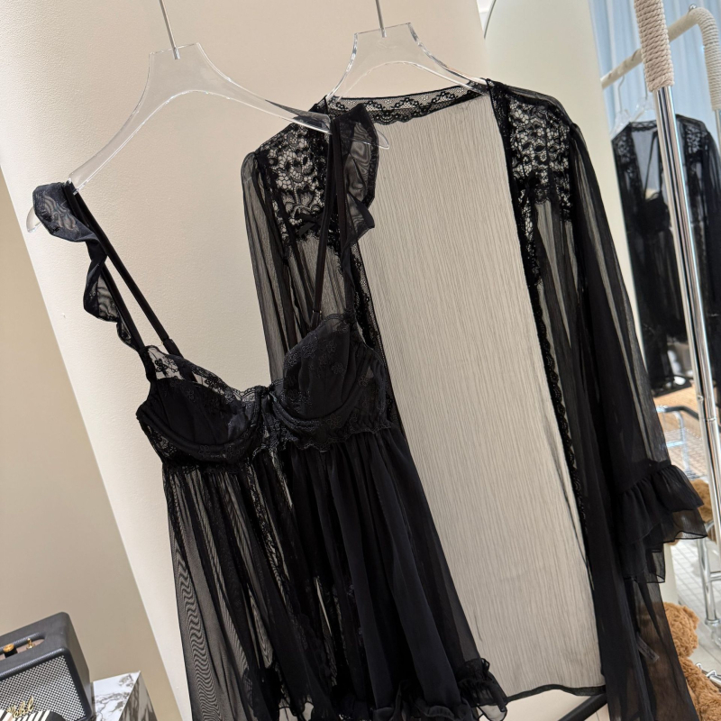 Seksi prozirna mrežasta donje rublje haljina, Ice Silk materijal, V-izrez, bez rukava, kratka duljina