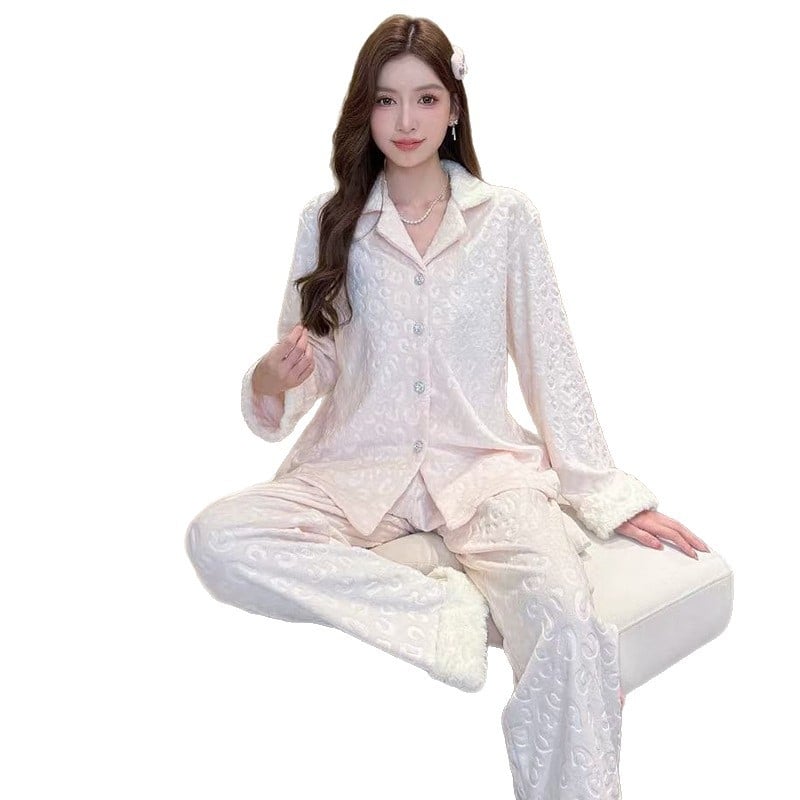 Moterų naktinukai iš salų veliūro, prabangus rudens–žiemos stilius, ilgomis rankovėmis viršutinė dalis ir kelnės, dvipusis veliūras, 181–200 g/m², poliesteris