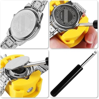 Laikrodžio galinio dangtelio atidarymo įrankių rinkinys, 4 dalys, iš plastiko + anglies plieno, namų laikrodžių remontui ir baterijų keitimui