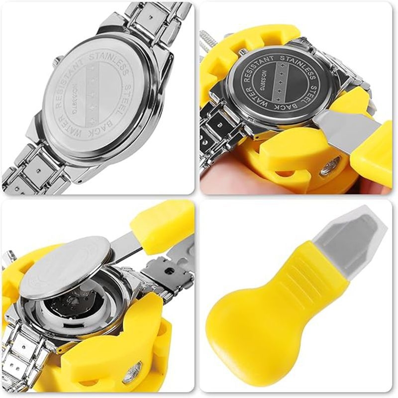 Laikrodžio galinio dangtelio atidarymo įrankių rinkinys, 4 dalys, iš plastiko + anglies plieno, namų laikrodžių remontui ir baterijų keitimui