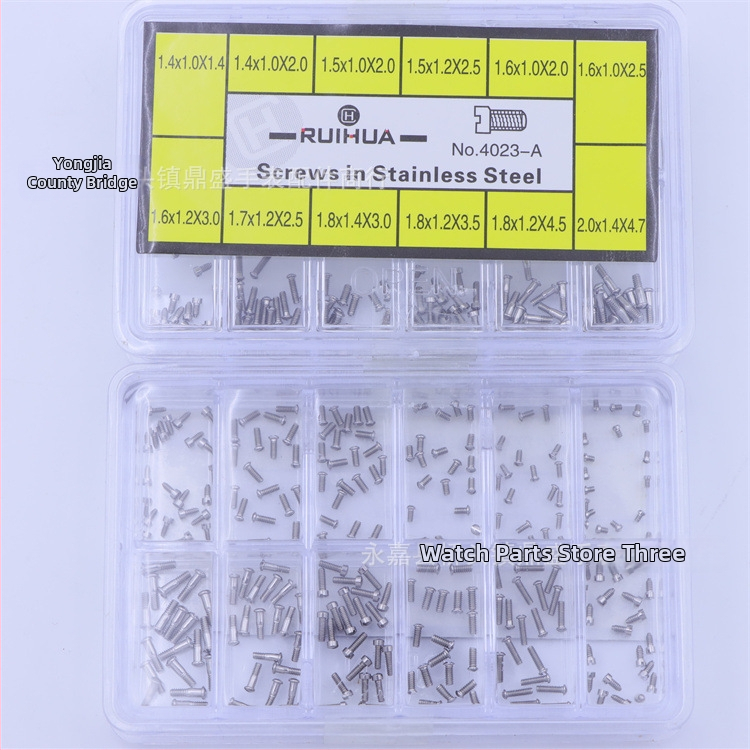 Nerezové oceľové skrutky s plochou hlavou pre zadný kryt a sklo hodiniek – 500 ks v krabici, letná 2021