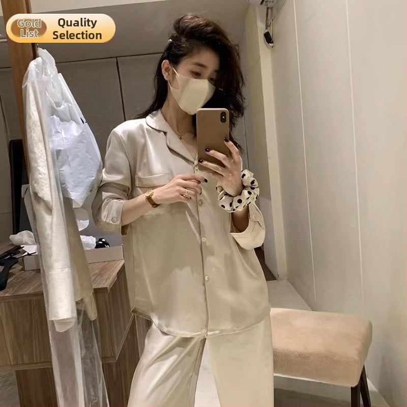 Moterų šilko pižamų komplektas – Ice Silk, 95–100% poliesteris, ekstra stora medžiaga 501–600 g/m², pavasario namų drabužiai, animacinio stiliaus