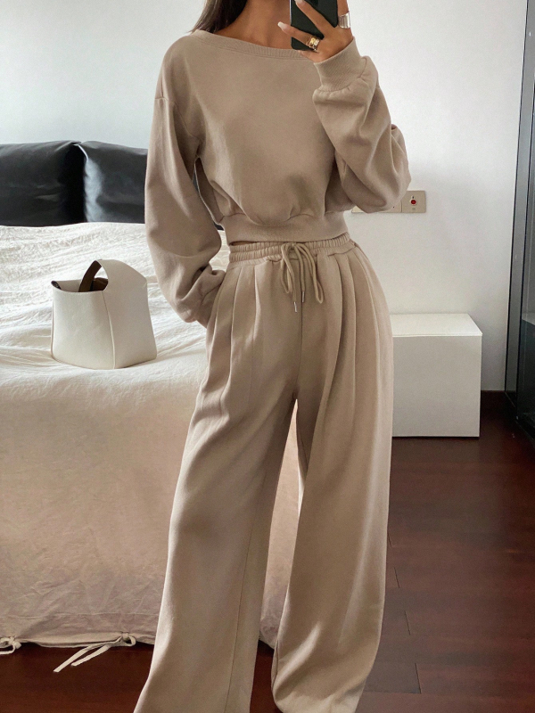 Ženski dvodijelni sportski set s gornjim dijelom u stilu košulje i sweatshirtom, jednofarban, poliester, jesen-zima 2025