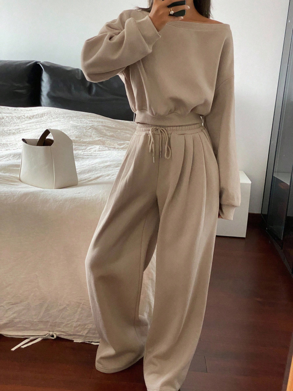 Ženski dvodijelni sportski set s gornjim dijelom u stilu košulje i sweatshirtom, jednofarban, poliester, jesen-zima 2025