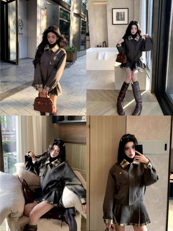 Miu stil karirani patchwork vuneni kaput i plisirana suknja, ovčja vuna, PVC materijal, proljeće 2025