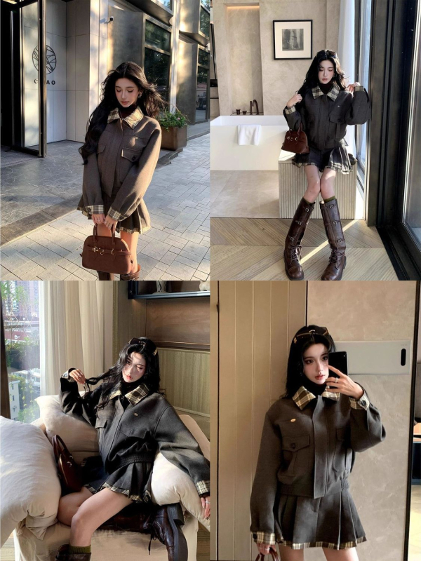 Miu stil karirani patchwork vuneni kaput i plisirana suknja, ovčja vuna, PVC materijal, proljeće 2025