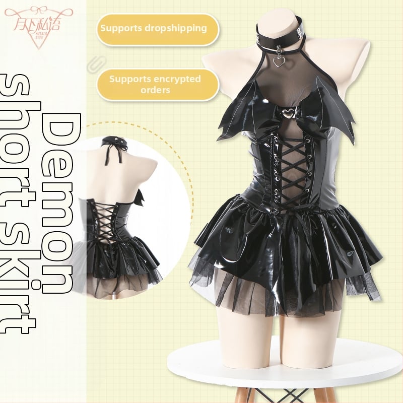 Cosplay kostiumas japonų stiliaus ragana mažasis velnias, permatoma trumpa sijonė, Spandex mišinys (pagrindinis 70–80% Spandex, antrinis 50–70%), Prekės ženklas Whispers under the moon
