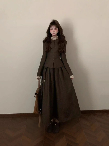 Set sako i suknja, jednobojan, dugi rukavi, poliester