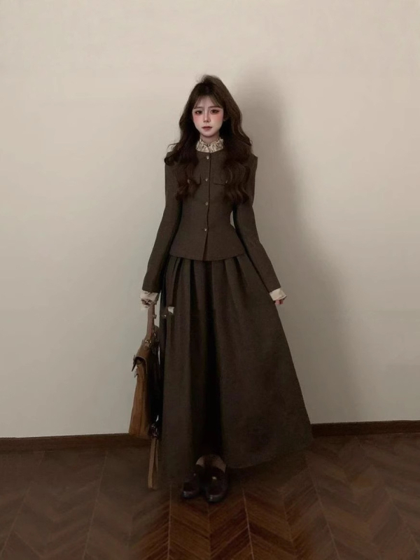 Set sako i suknja, jednobojan, dugi rukavi, poliester