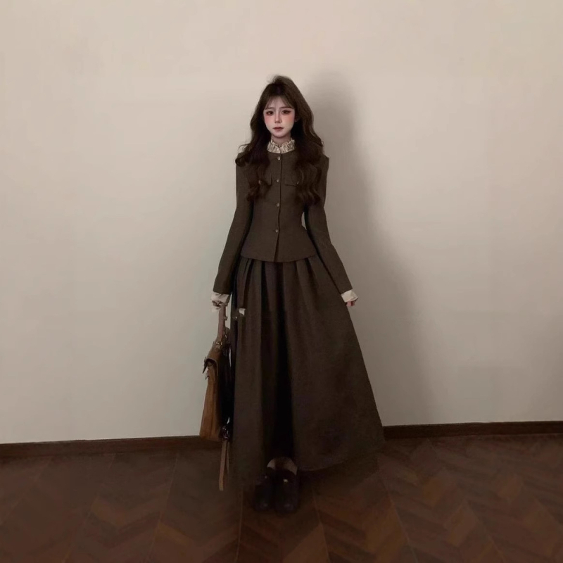 Set sako i suknja, jednobojan, dugi rukavi, poliester