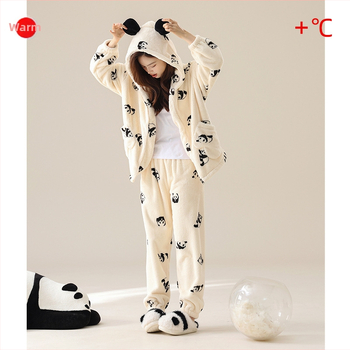Pidžama set s kapuljačom, Panda uzorak od koral fleksa, debeo za zimu